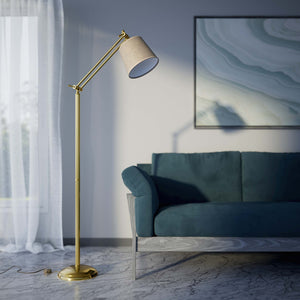 Classic brass floor lamp with ribbed stem, adjustable double joint and grey linen-effect fabric shade Made in Italy by Ghidini 1849 - Finish: OLV Polished Brass