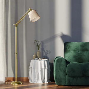 Classic brass floor lamp with ribbed stem, adjustable double joint and grey linen-effect fabric shade Made in Italy by Ghidini 1849 - Finish: OLV Polished Brass