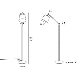 Classic brass floor lamp with ribbed stem, adjustable double joint and grey linen-effect fabric shade Made in Italy by Ghidini 1849