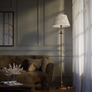 Classic brass floor lamp with decorated white fabric shade fluted stem ornamental base floral details traditional style - Finish: OAS Antique Brass