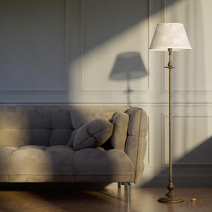 Classic brass floor lamp with decorated white fabric shade fluted stem ornamental base floral details traditional style - Finish: OAS Antique Brass