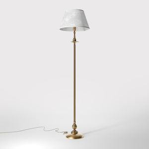 Classic brass floor lamp with decorated white fabric shade fluted stem ornamental base floral details traditional style - Finish: OBS Bronze Satin Brass