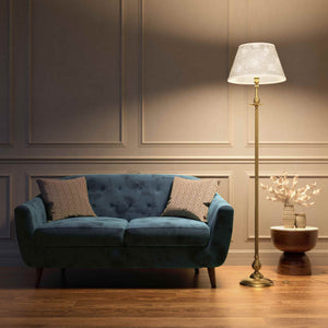 Classic brass floor lamp with decorated white fabric shade fluted stem ornamental base floral details traditional style - Finish: OBS Bronze Satin Brass