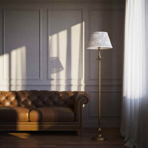 Classic brass floor lamp with decorated white fabric shade fluted stem ornamental base floral details traditional style - Finish: OBS Bronze Satin Brass