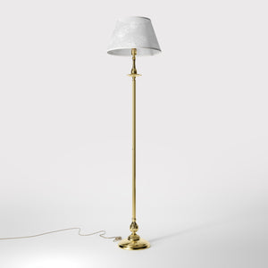 Classic brass floor lamp with decorated white fabric shade fluted stem ornamental base floral details traditional style - Finish: OLV Polished Brass