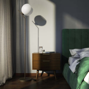 Brass floor lamp with opal glass sphere, tilted design, perfect for contemporary and refined interiors by Ghidini 1849 - Finish: OBM Bronze Satin Matt Brass