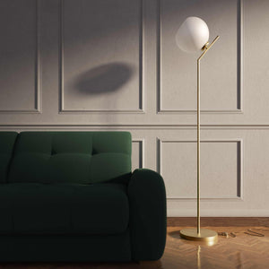 Brass floor lamp with opal glass sphere, tilted design, perfect for contemporary and refined interiors by Ghidini 1849 - Finish: OBV Bronze Satin Light Brass