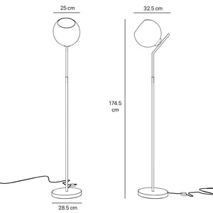 Brass floor lamp with opal glass sphere, tilted design, perfect for contemporary and refined interiors by Ghidini 1849