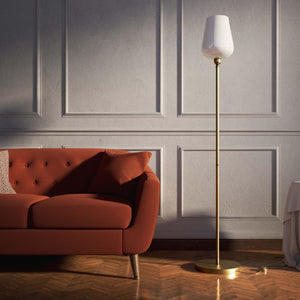 Brass floor lamp with white glass lampshade, elegant design for sophisticated interiors by Ghidini 1849 - Finish: OBV Bronze Satin Light Brass