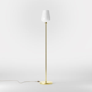 Brass floor lamp with white glass lampshade, elegant design for sophisticated interiors by Ghidini 1849 - Finish: OLV Polished Brass
