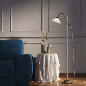 Adjustable brass floor lamp with white glass shade, swivel arm and height adjustment system for customized lighting solutions by Ghidini 1849 - Finish: OAS Antique Brass