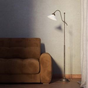 Adjustable brass floor lamp with white glass shade, swivel arm and height adjustment system for customized lighting solutions by Ghidini 1849 - Finish: OAS Antique Brass