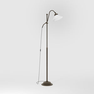 Adjustable brass floor lamp with white glass shade, swivel arm and height adjustment system for customized lighting solutions by Ghidini 1849 - Finish: OBM Bronze Satin Matt Brass