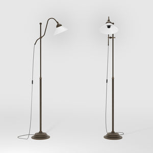 Adjustable brass floor lamp with white glass shade, swivel arm and height adjustment system for customized lighting solutions by Ghidini 1849 - Finish: OBM Bronze Satin Matt Brass