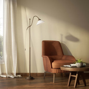 Adjustable brass floor lamp with white glass shade, swivel arm and height adjustment system for customized lighting solutions by Ghidini 1849 - Finish: OBM Bronze Satin Matt Brass