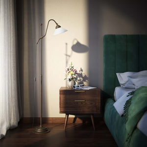 Adjustable brass floor lamp with white glass shade, swivel arm and height adjustment system for customized lighting solutions by Ghidini 1849 - Finish: OBM Bronze Satin Matt Brass