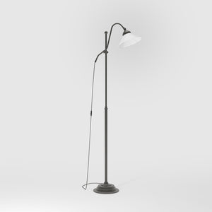 Adjustable brass floor lamp with white glass shade, swivel arm and height adjustment system for customized lighting solutions by Ghidini 1849 - Finish: OBR Dark Bronze