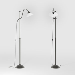 Adjustable brass floor lamp with white glass shade, swivel arm and height adjustment system for customized lighting solutions by Ghidini 1849 - Finish: OBR Dark Bronze