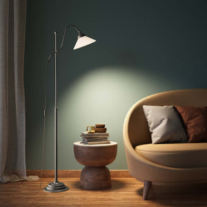 Adjustable brass floor lamp with white glass shade, swivel arm and height adjustment system for customized lighting solutions by Ghidini 1849 - Finish: OBR Dark Bronze