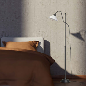 Adjustable brass floor lamp with white glass shade, swivel arm and height adjustment system for customized lighting solutions by Ghidini 1849 - Finish: OBR Dark Bronze