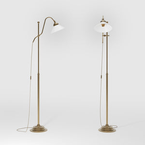 Adjustable brass floor lamp with white glass shade, swivel arm and height adjustment system for customized lighting solutions by Ghidini 1849 - Finish: OBS Bronze Satin Brass