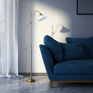 Adjustable brass floor lamp with white glass shade, swivel arm and height adjustment system for customized lighting solutions by Ghidini 1849 - Finish: OBS Bronze Satin Brass
