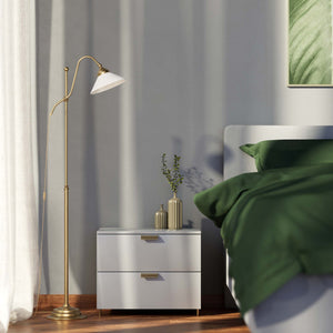 Adjustable brass floor lamp with white glass shade, swivel arm and height adjustment system for customized lighting solutions by Ghidini 1849 - Finish: OBS Bronze Satin Brass