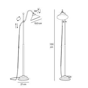 Adjustable brass floor lamp with white glass shade, swivel arm and height adjustment system for customized lighting solutions by Ghidini 1849