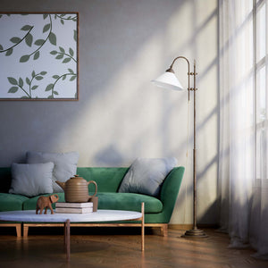 Floor lamp with brass sliding system adjustable glossy white glass shade vintage design Made in Italy by Ghidini 1849 - Finish: OAS Antique Brass