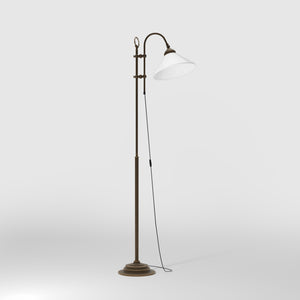 Floor lamp with brass sliding system adjustable glossy white glass shade vintage design Made in Italy by Ghidini 1849 - Finish: OBM Bronze Satin Matt Brass