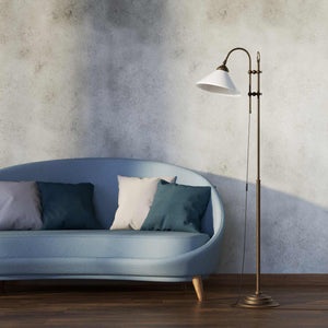 Floor lamp with brass sliding system adjustable glossy white glass shade vintage design Made in Italy by Ghidini 1849 - Finish: OBM Bronze Satin Matt Brass