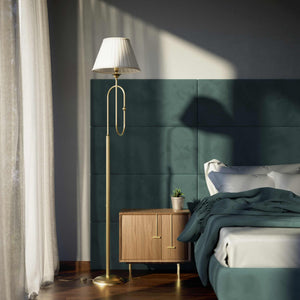 Brass floor lamp with trumpet arm and ivory pleated shade, musical design Made in Italy by Ghidini 1849 - Finish: OBS Bronze Satin Brass