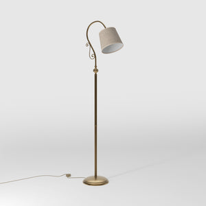 Brass floor lamp with curved arm and scrolls linen-effect fabric shade classic design Made in Italy by Ghidini 1849 - Finish: OBS Bronze Satin Brass