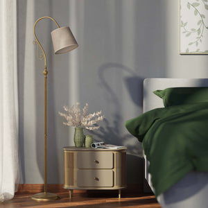 Brass floor lamp with curved arm and scrolls linen-effect fabric shade classic design Made in Italy by Ghidini 1849 - Finish: OBS Bronze Satin Brass