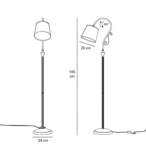 Brass floor lamp with curved arm and scrolls linen-effect fabric shade classic design Made in Italy by Ghidini 1849