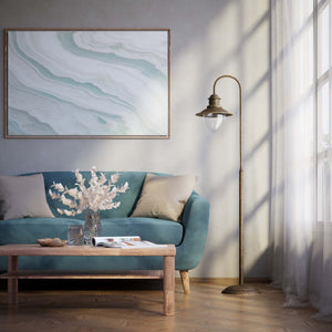 Brass floor lamp with curved arm and glass diffuser, Italian design inspired by historic port lighting by Ghidini 1849 - Finish: OAS Antique Brass