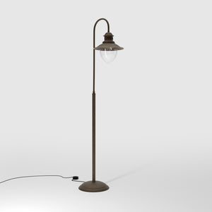 Brass floor lamp with curved arm and glass diffuser, Italian design inspired by historic port lighting by Ghidini 1849 - Finish: OBM Bronze Satin Matt Brass