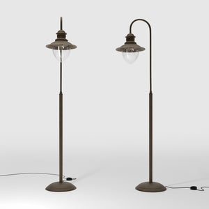 Brass floor lamp with curved arm and glass diffuser, Italian design inspired by historic port lighting by Ghidini 1849 - Finish: OBM Bronze Satin Matt Brass