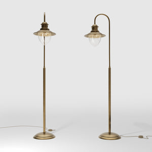 Brass floor lamp with curved arm and glass diffuser, Italian design inspired by historic port lighting by Ghidini 1849 - Finish: OBS Bronze Satin Brass
