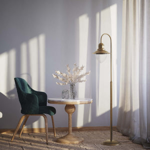 Brass floor lamp with curved arm and glass diffuser, Italian design inspired by historic port lighting by Ghidini 1849 - Finish: OBS Bronze Satin Brass