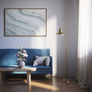 Brass floor lamp with curved arm and glass diffuser, Italian design inspired by historic port lighting by Ghidini 1849 - Finish: OBS Bronze Satin Brass