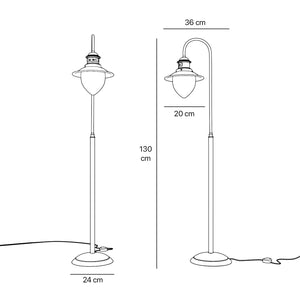 Brass floor lamp with curved arm and glass diffuser, Italian design inspired by historic port lighting by Ghidini 1849