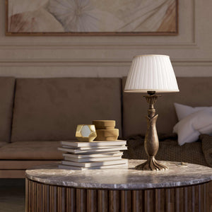 Brass table lamp with sculptural wavy leaf base ivory white pleated shade refined decorative details - Finish: OAS Antique Brass