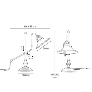 Classic brass table lamp with adjustable swing arm and decorative turned base, directional conical shade by Ghidini 1849