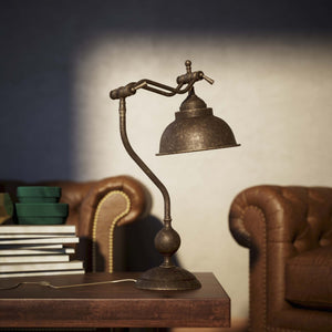 Industrial style desk lamp in brass with adjustable jointed arm dome shade round base with decorative sphere Oslo by Ghidini 1849 - Finish: OAS Antique Brass