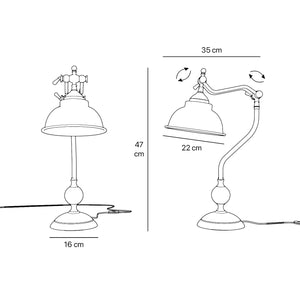 Industrial style desk lamp in brass with adjustable jointed arm dome shade round base with decorative sphere Oslo by Ghidini 1849
