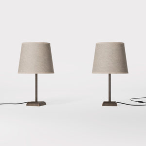 Contemporary table lamp with brass structure and conical gray textile shade, square base, essential design, Aves collection by Ghidini 1849 - Finish: OBM Bronze Satin Matt Brass