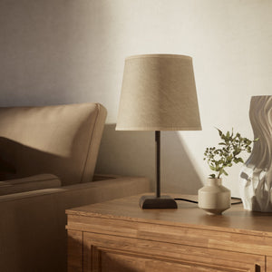 Contemporary table lamp with brass structure and conical gray textile shade, square base, essential design, Aves collection by Ghidini 1849 - Finish: OBM Bronze Satin Matt Brass