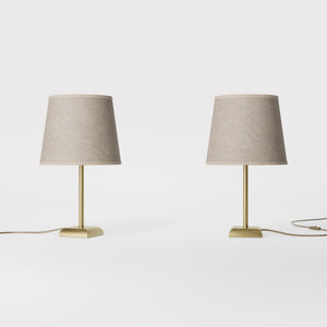 Contemporary table lamp with brass structure and conical gray textile shade, square base, essential design, Aves collection by Ghidini 1849 - Finish: OBV Bronze Satin Light Brass