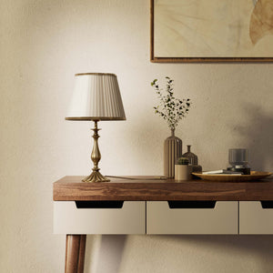 Brass table lamp with fan-shaped base and pleated fabric shade with decorative trim from Petalo collection by Ghidini 1849 - Finish: OBS Bronze Satin Brass